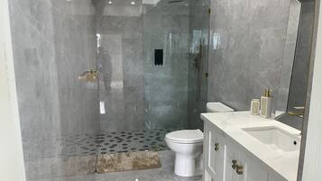 Shower, hair dryer, towels, soap