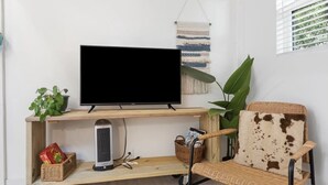 A living room with a television on a wooden stand, a wicker chair with a cowhide cushion, a large green plant, and a woven wall hanging. - Charming Tiny Home Retreat!  (Austin)