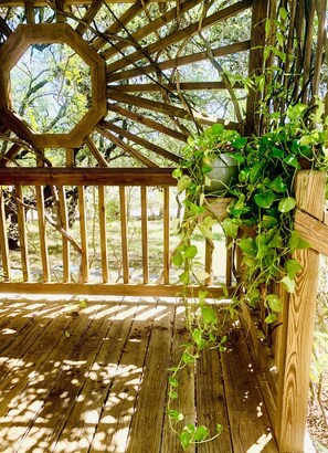 A wooden deck with a hexagonal wooden frame and a potted plant with green leaves. - Master Suite at the Honeycomb (shared house) (San Marcos)