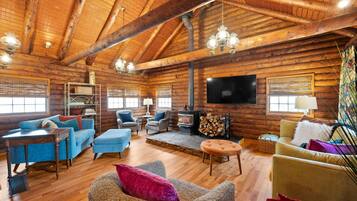 Smart TV, fireplace, foosball