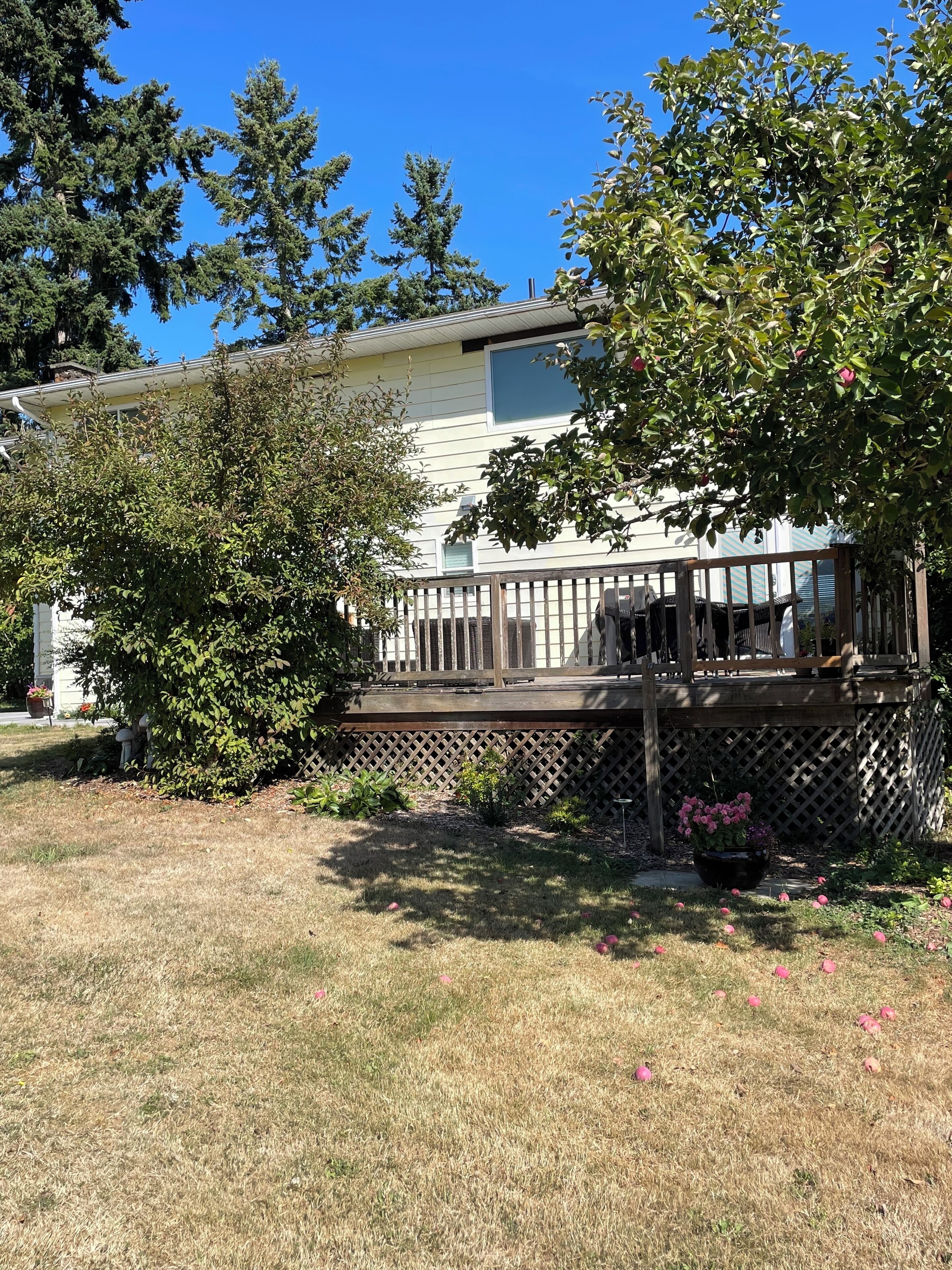 A house with a wooden deck, a fenced yard, and a small garden with pink flowers.
