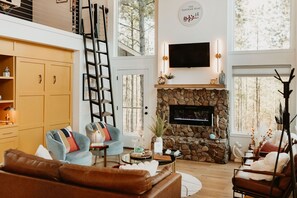 Smart TV, fireplace, video games, DVD player