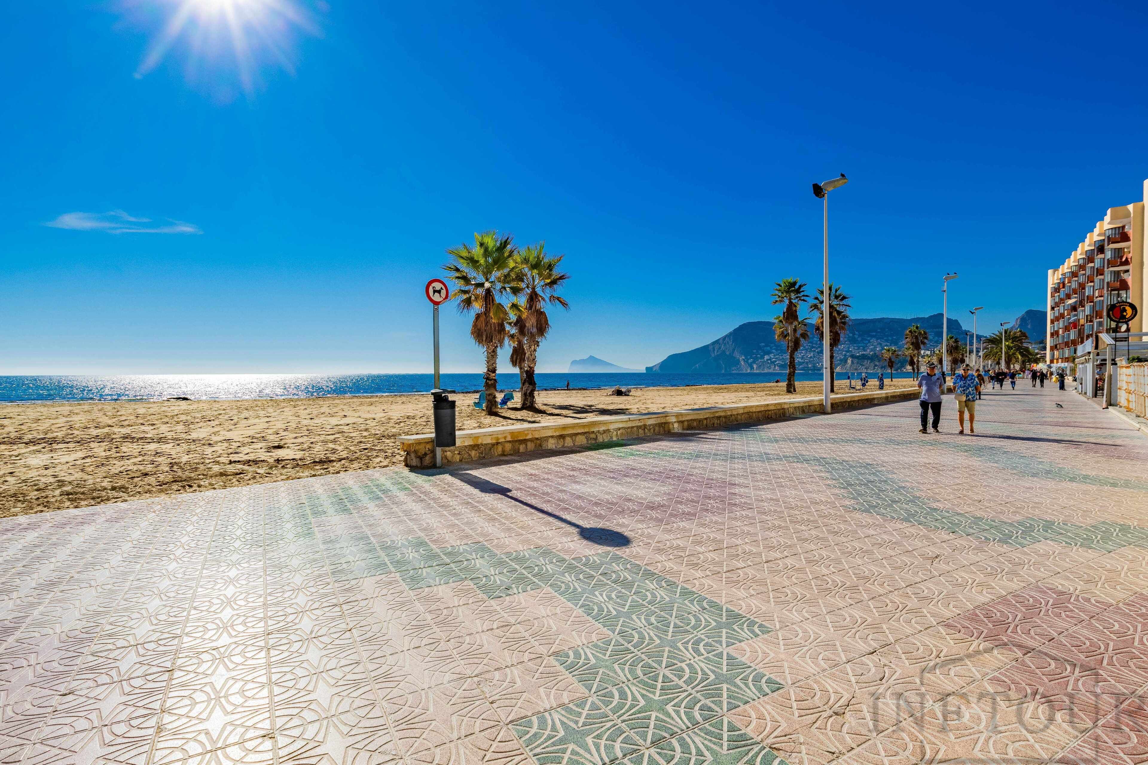 A beachside promenade with patterned tiles, palm trees, and a clear view of the sea.
