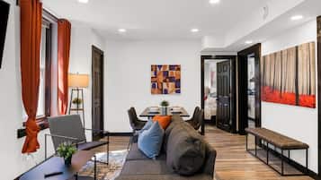 Smart TV, fireplace, books, offices