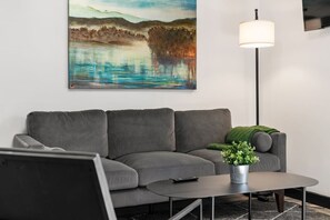 Smart TV, fireplace, books, offices