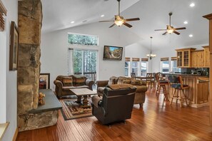 Télévision, cheminée, espaces bureaux