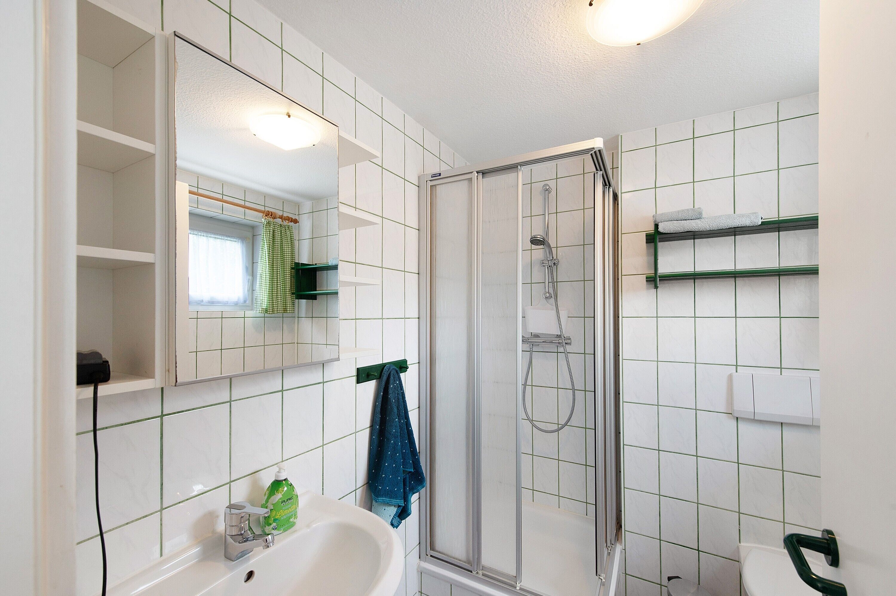 Une salle de bain équipée d’une douche, d’un lavabo, d’un miroir et d’un porte-serviettes.