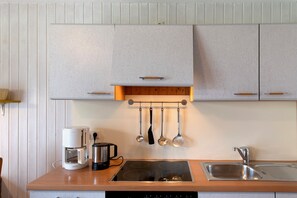 Kjøleskap, ovn, kokeplater og kaffetrakter/tekoker