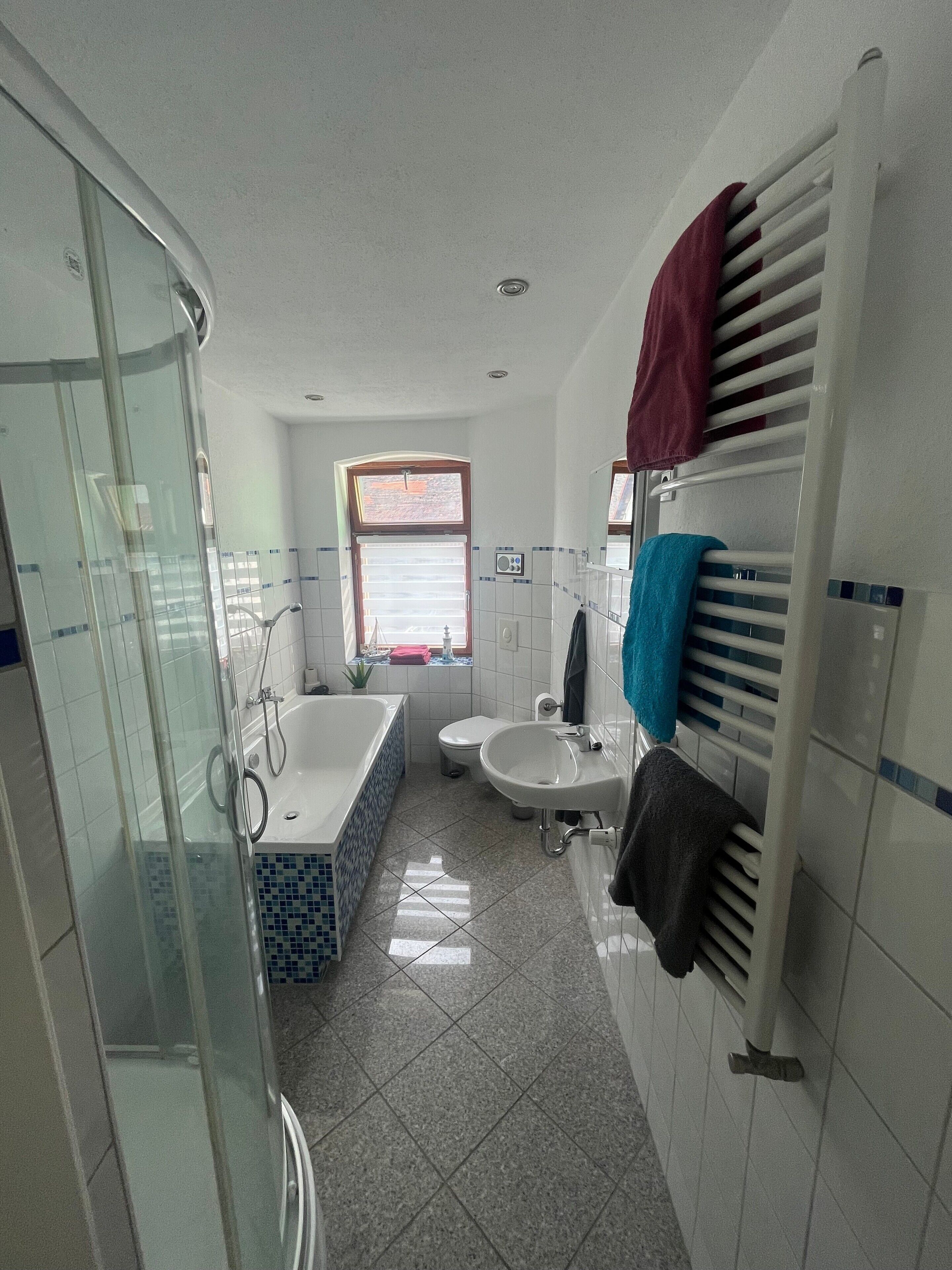 Dusch, hårtork och handdukar