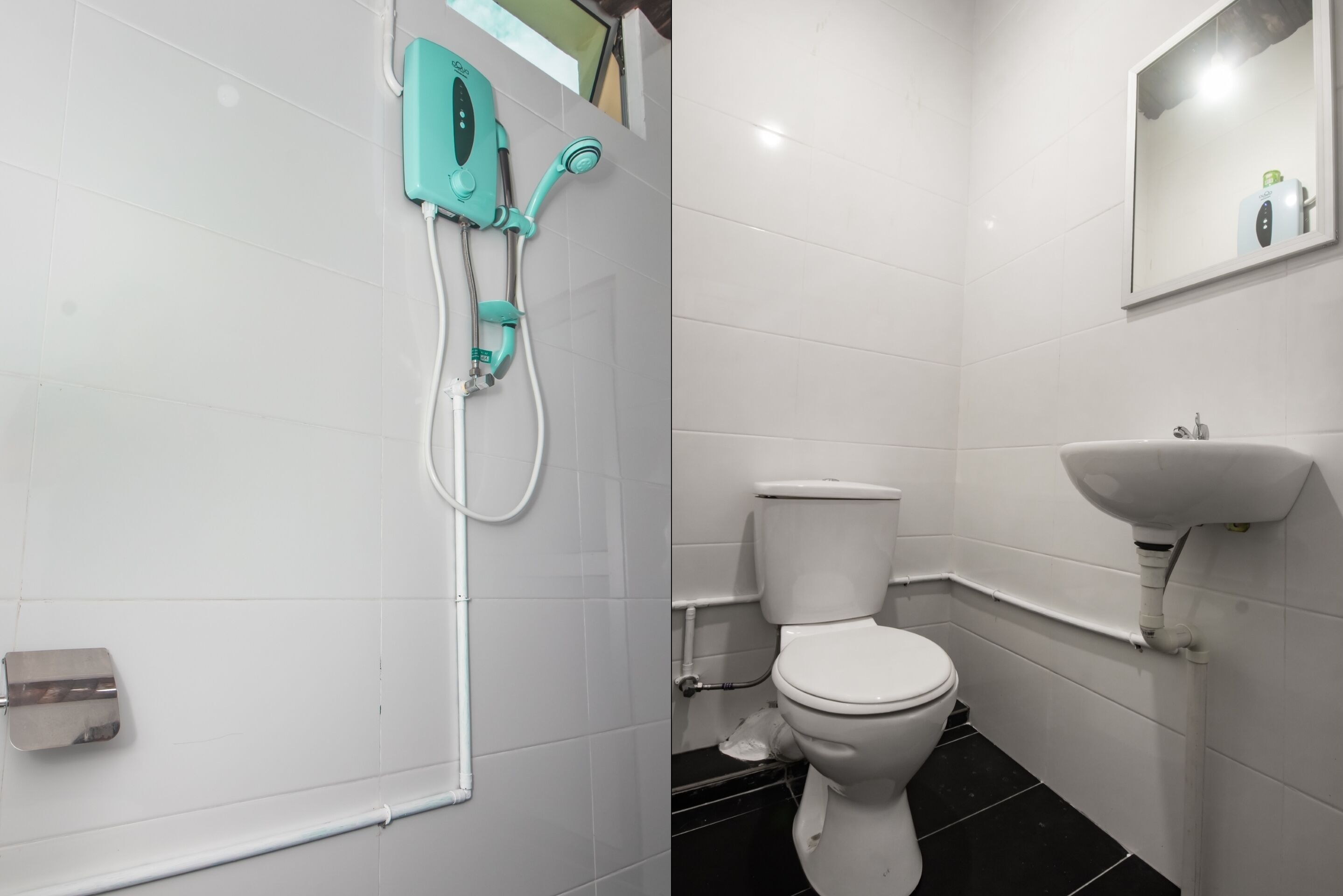 Un baño con inodoro blanco, lavamanos y cabina de ducha.