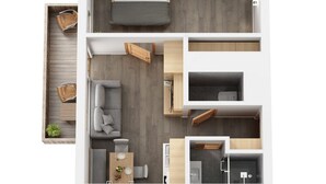 Un appartement moderne comprenant une chambre, un espace de vie, un coin repas et une cuisine.