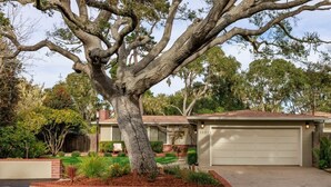 Une maison d’habitation avec un grand arbre dans le jardin, un garage et une pelouse bien entretenue.