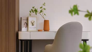 Individually decorated, desk, laptop workspace, blackout drapes