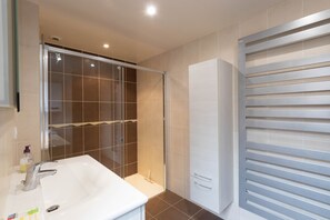 Shower, towels, toilet paper
