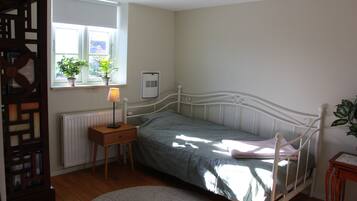 A bedroom with a single bed, a bedside table with a lamp, a radiator, and a window with plants.