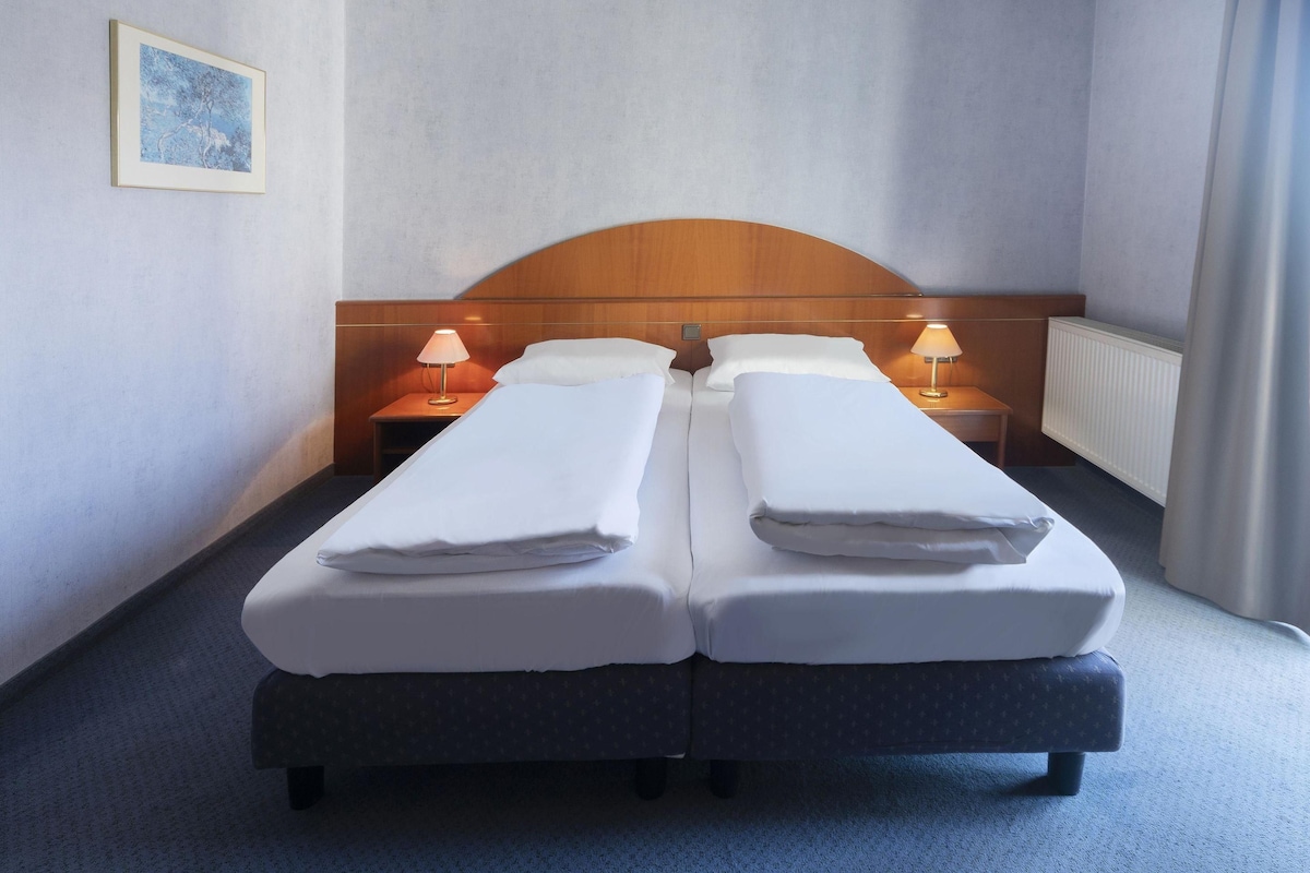 A hotel room with two single beds, wooden headboards, bedside tables with lamps, a framed picture on the wall, and a radiator.