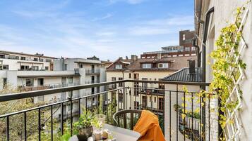 A balcony with a table, chairs, and a potted plant.