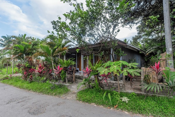 Una casa con porche, rodeada de exuberante vegetación y plantas tropicales.