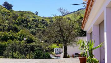 Un patio con suelo empedrado, plantas en macetas y un edificio de fachada blanca y tejas de arcilla.