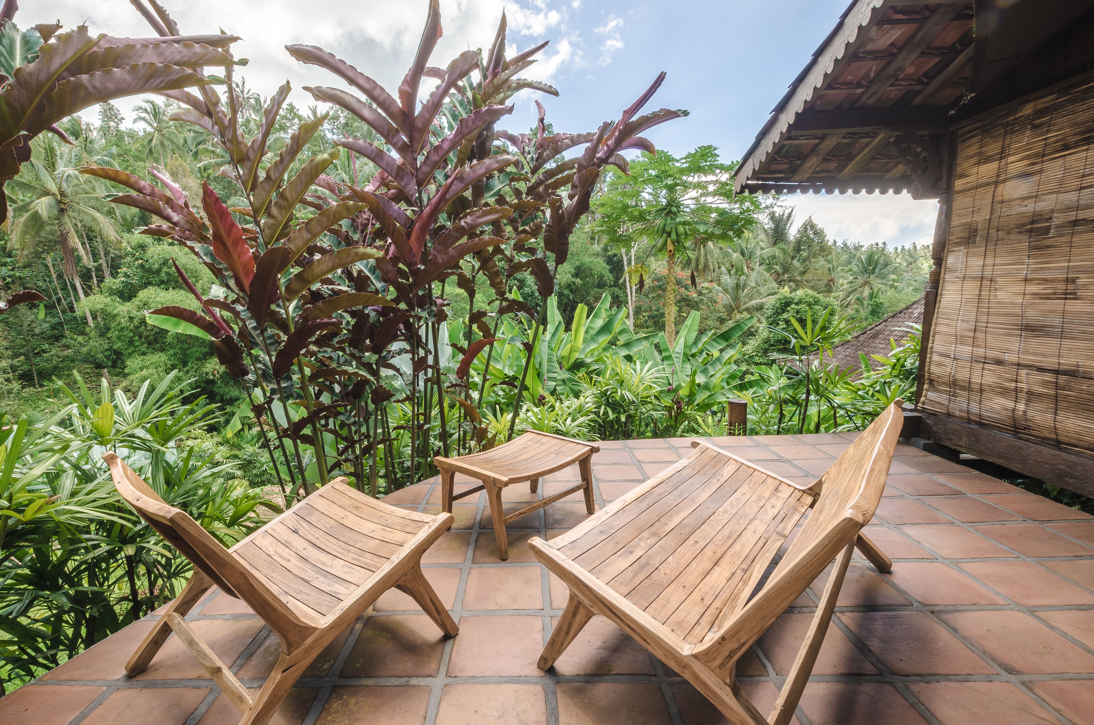 Una terraza de madera con dos sillones de descanso y una mesita, rodeada de exuberante vegetación tropical.