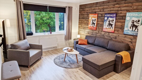 Leilighet – comfort | Oppholdsområde | Flatskjerm-TV og oppvarmet gulv