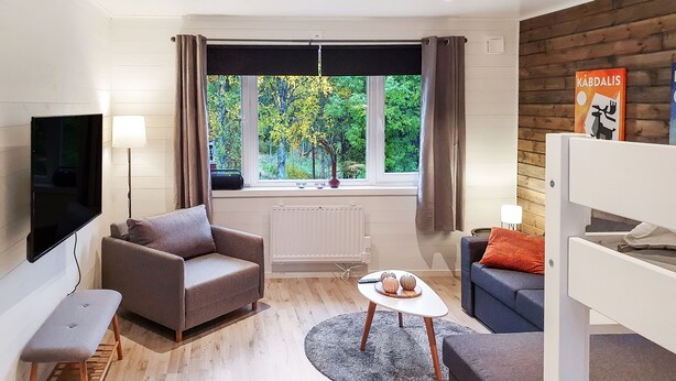 A modern living room with a sofa, armchair, and a small coffee table. There is a TV mounted on the wall, a window with curtains, and a radiator. - Bryggerihusen (Kåbdalis)