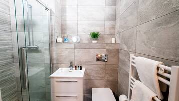 Shower, hair dryer, towels