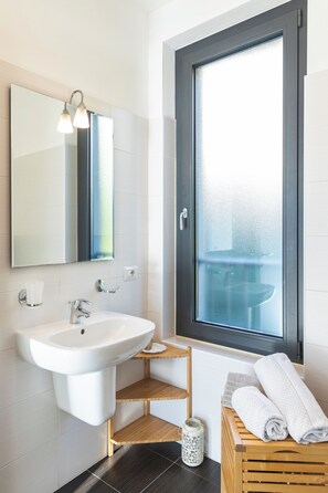 Een douche, een haardroger, een bidet, handdoeken