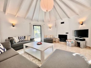 Flat-screen TV, fireplace