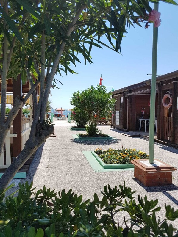 Privat strand, solsenger, parasoller og strandbar