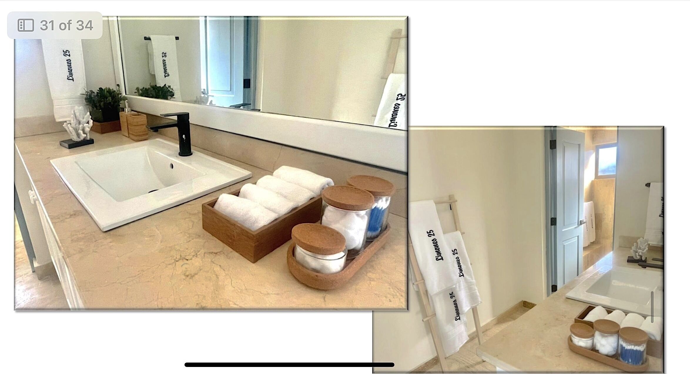 Une salle de bain avec un grand lavabo blanc, un miroir et un meuble-lavabo en bois sur lequel sont posés des pots contenant des articles de toilette.