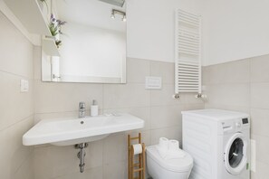 Shower, hair dryer, bidet, towels