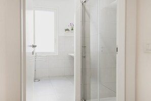 Shower, hair dryer, bidet, towels