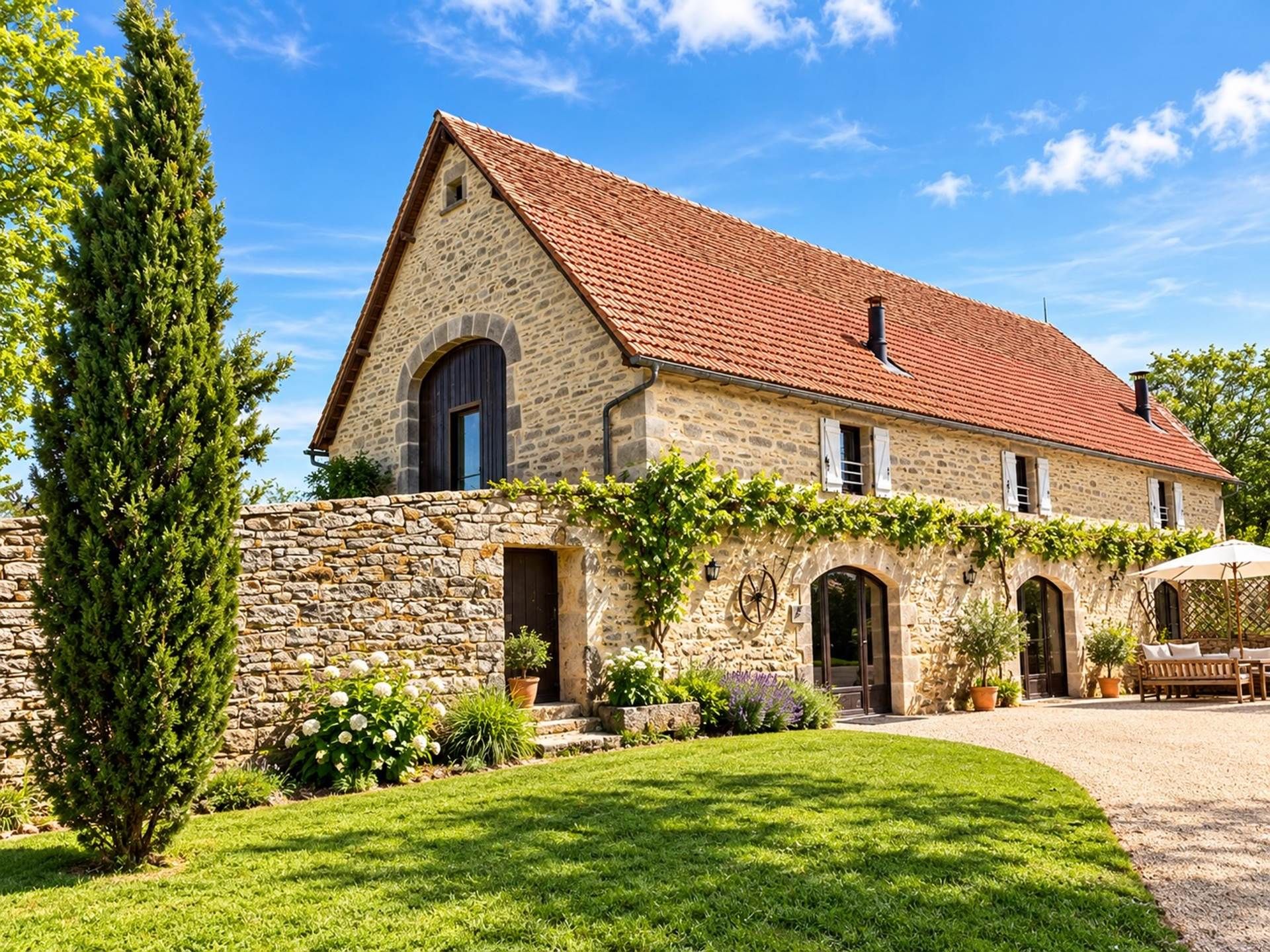 Une maison en pierre avec un toit recouvert de tuiles rouges, des fenêtres en arc de cercle et un jardin bien entretenu.