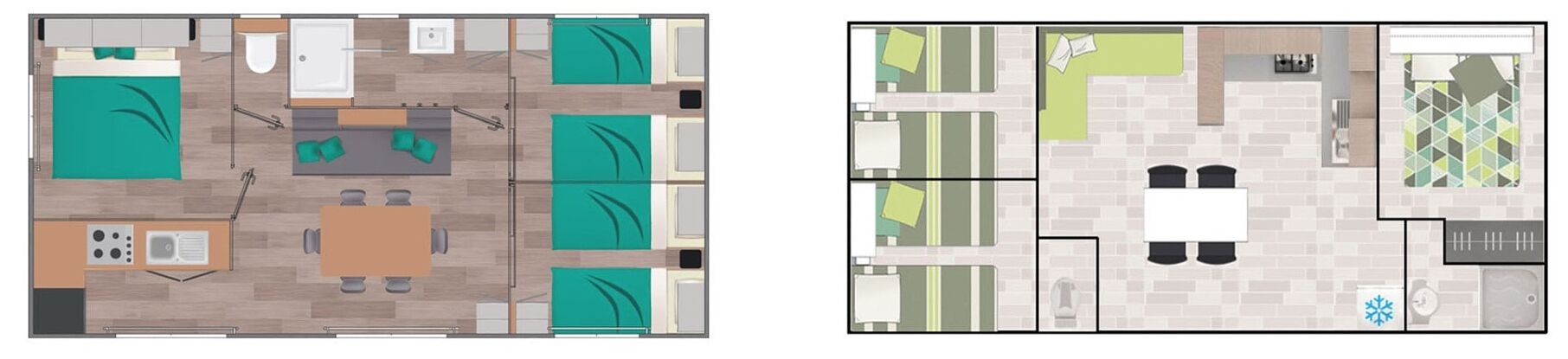 Distribución de un hotel con varias habitaciones, cocina, comedor y baño.