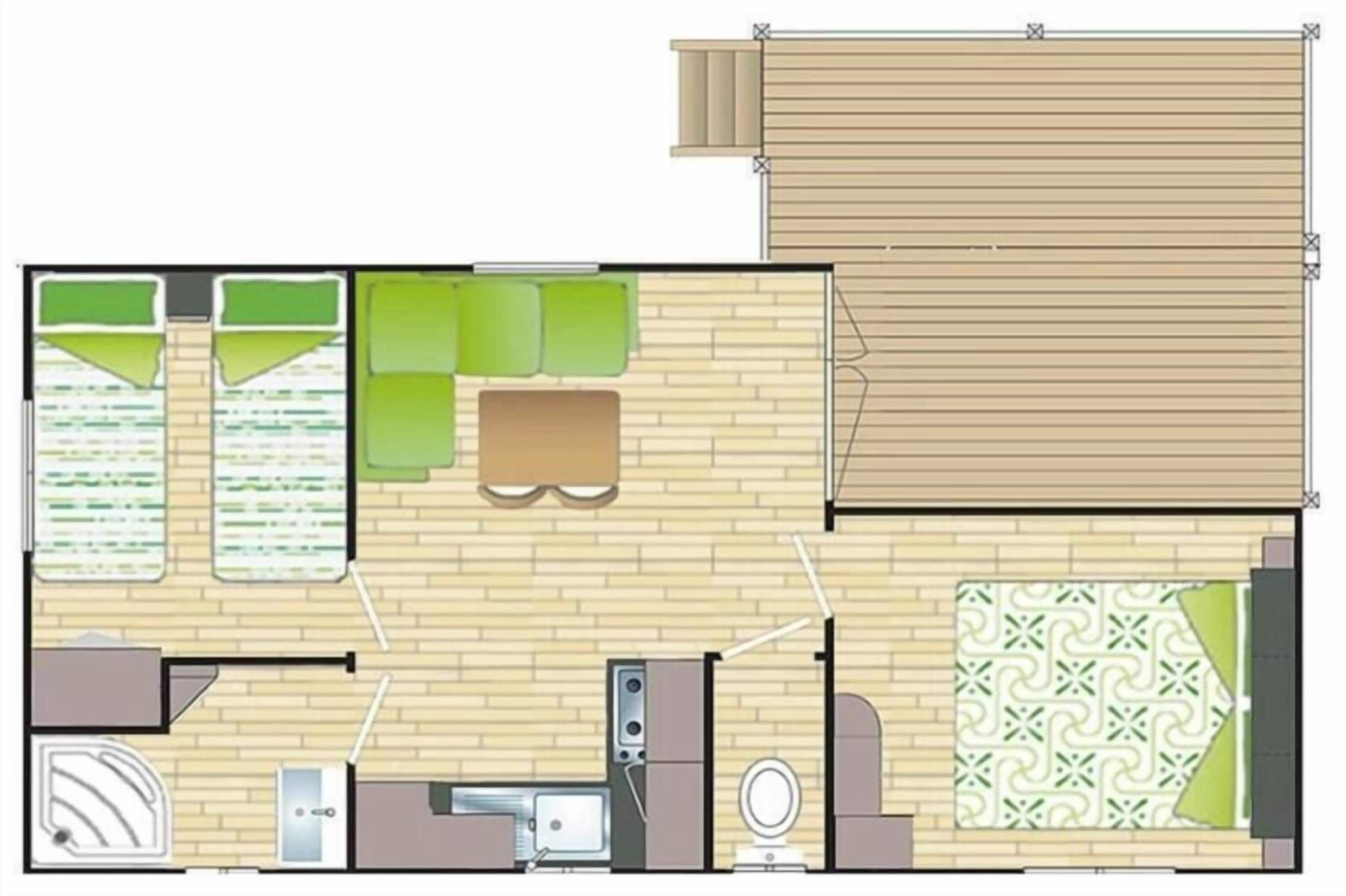 A floor plan of a hotel room with a bathroom, a small kitchen, a seating area with a table and chairs, and a large window.
