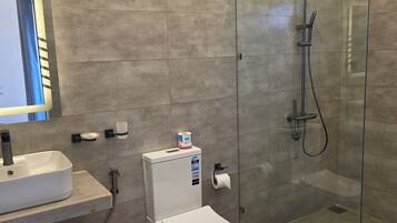 A modern bathroom with a glass-enclosed shower, a white toilet, a sink, and a toilet paper holder.