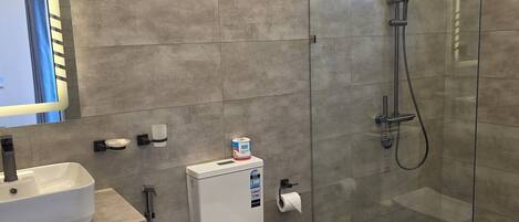 Ein modernes Badezimmer mit einer Duschkabine, einer weißen Toilette, einem Waschbecken und einem Toilettenpapierhalter.