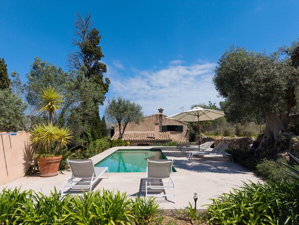 A pool area with lounge chairs, a potted plant, and a building with a tiled roof.