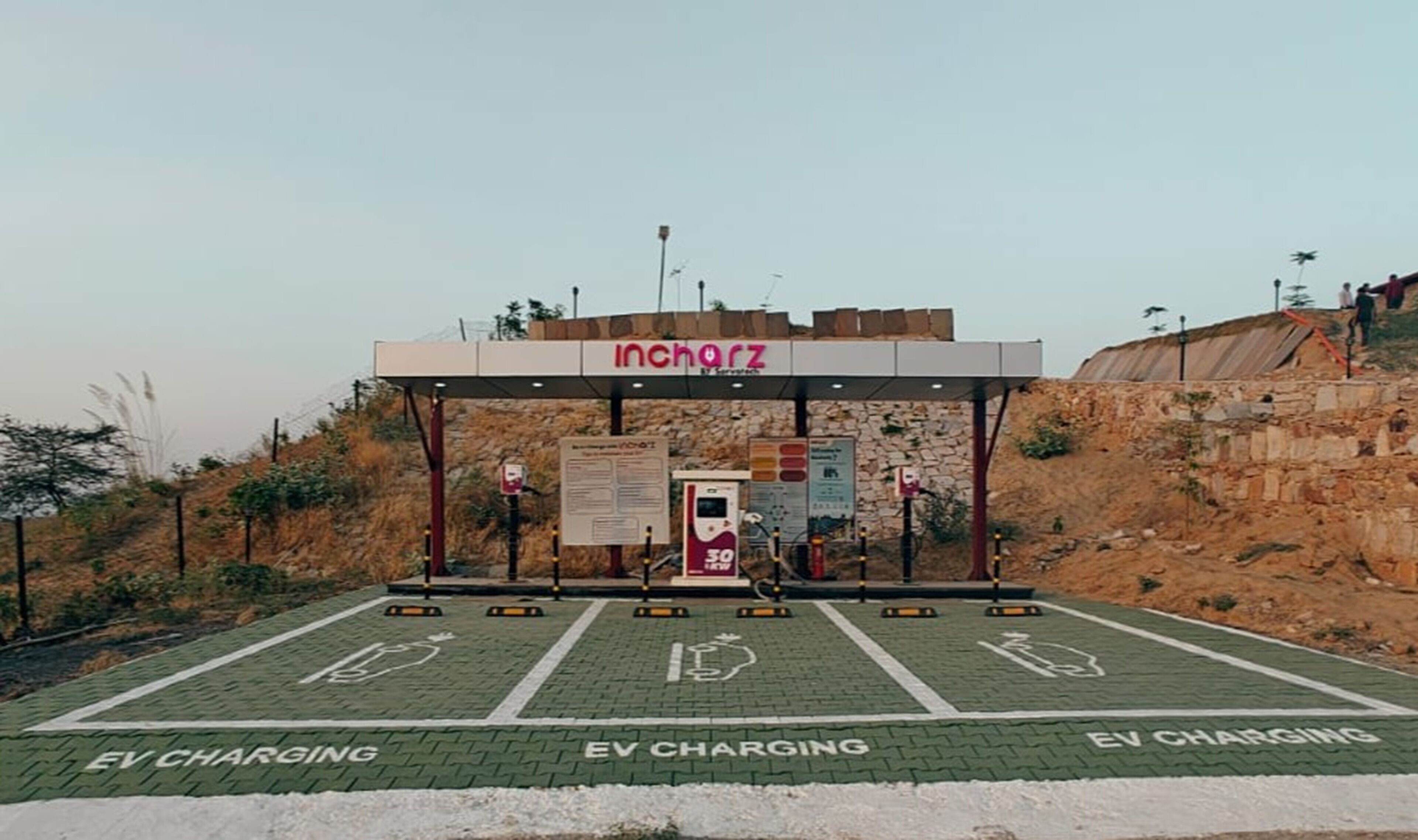 An EV charging station with a sign reading "Inchartz" and a stone wall in the background.