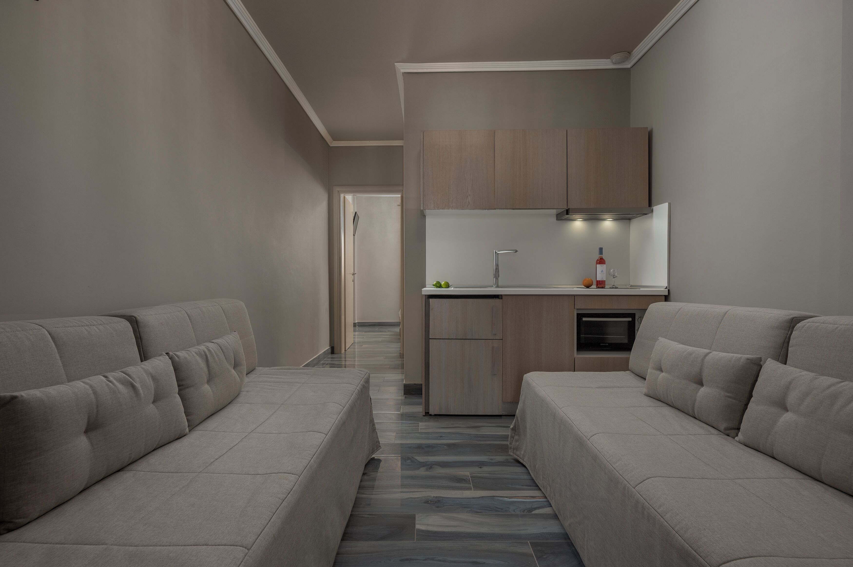 A modern, compact living space with a kitchenette, two sofas, and a tiled floor.