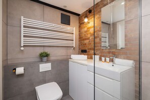 Shower, hair dryer, towels, shampoo - Stylish Studio with Mezzanine | Air Conditioning | Close to the Center (Kraków)
