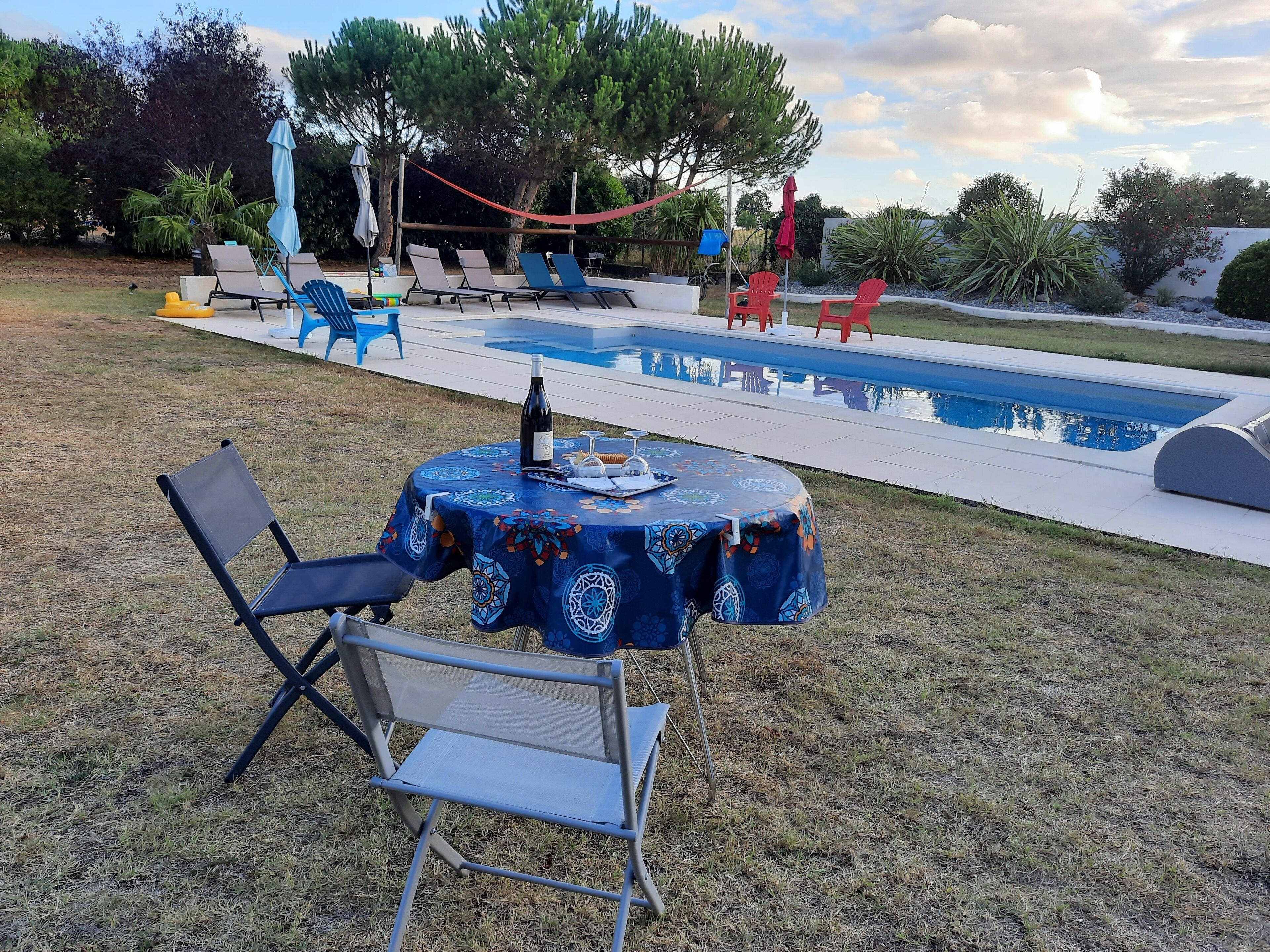 A poolside area with lounge chairs, a table with a bottle, and a red rope swing.