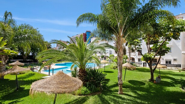 A pool area with a clear blue pool, surrounded by lush green grass, palm trees, and thatched umbrellas. - Benalmar Beach, nearby amenities (Benalmádena)
