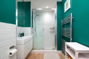 Shower, hair dryer, towels