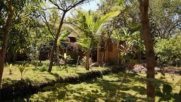 A lush garden with various plants and trees, a wooden structure, and a well-maintained lawn.