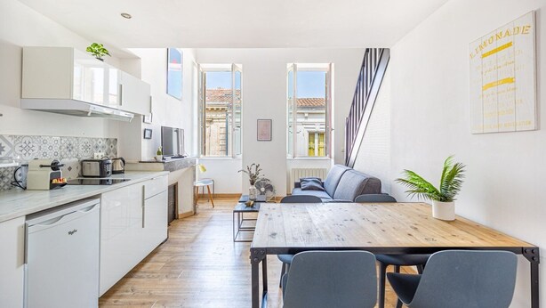 A modern apartment with a kitchen, dining area, and living space. It features a wooden dining table, a sofa, and a potted plant. - Beautiful apartment Bordeaux center (Bordeaux)