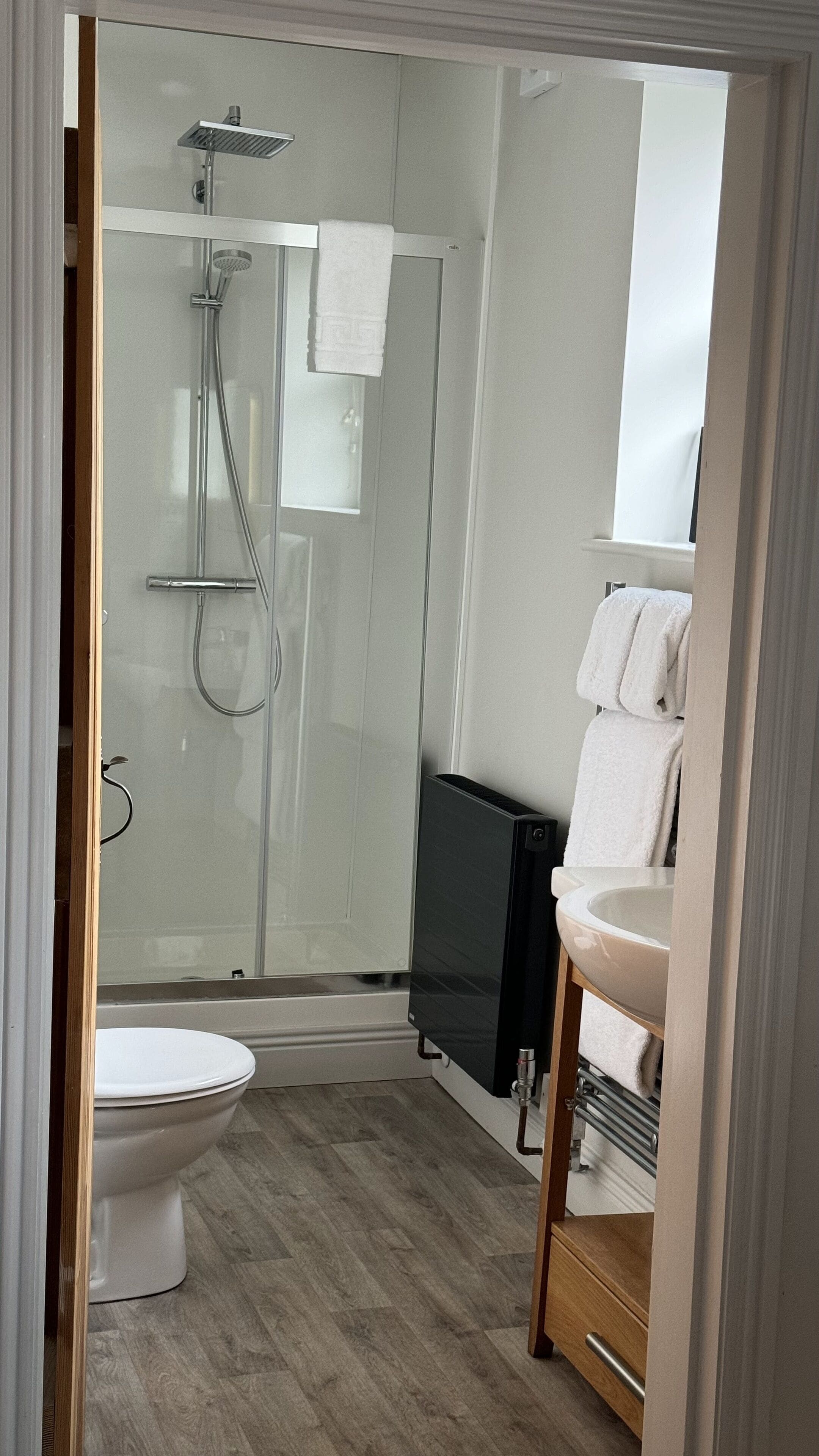 Ein modernes Badezimmer mit Duschkabine, Toilette, Waschbecken und Radiator.