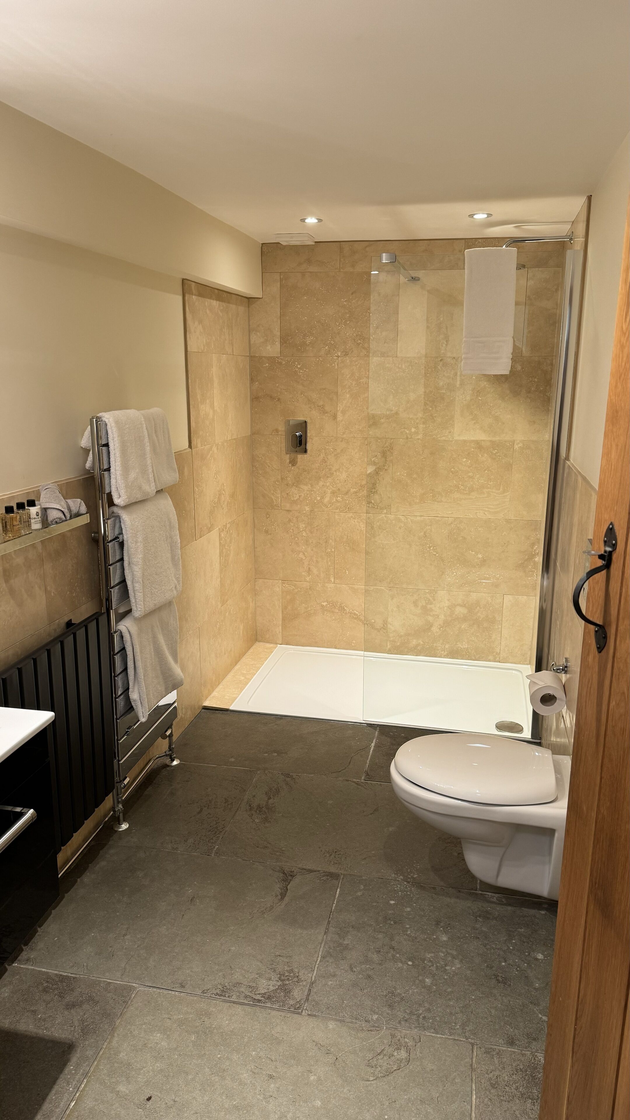 Une salle de bain moderne équipée d’une douche, de toilettes et d’un porte-serviettes.