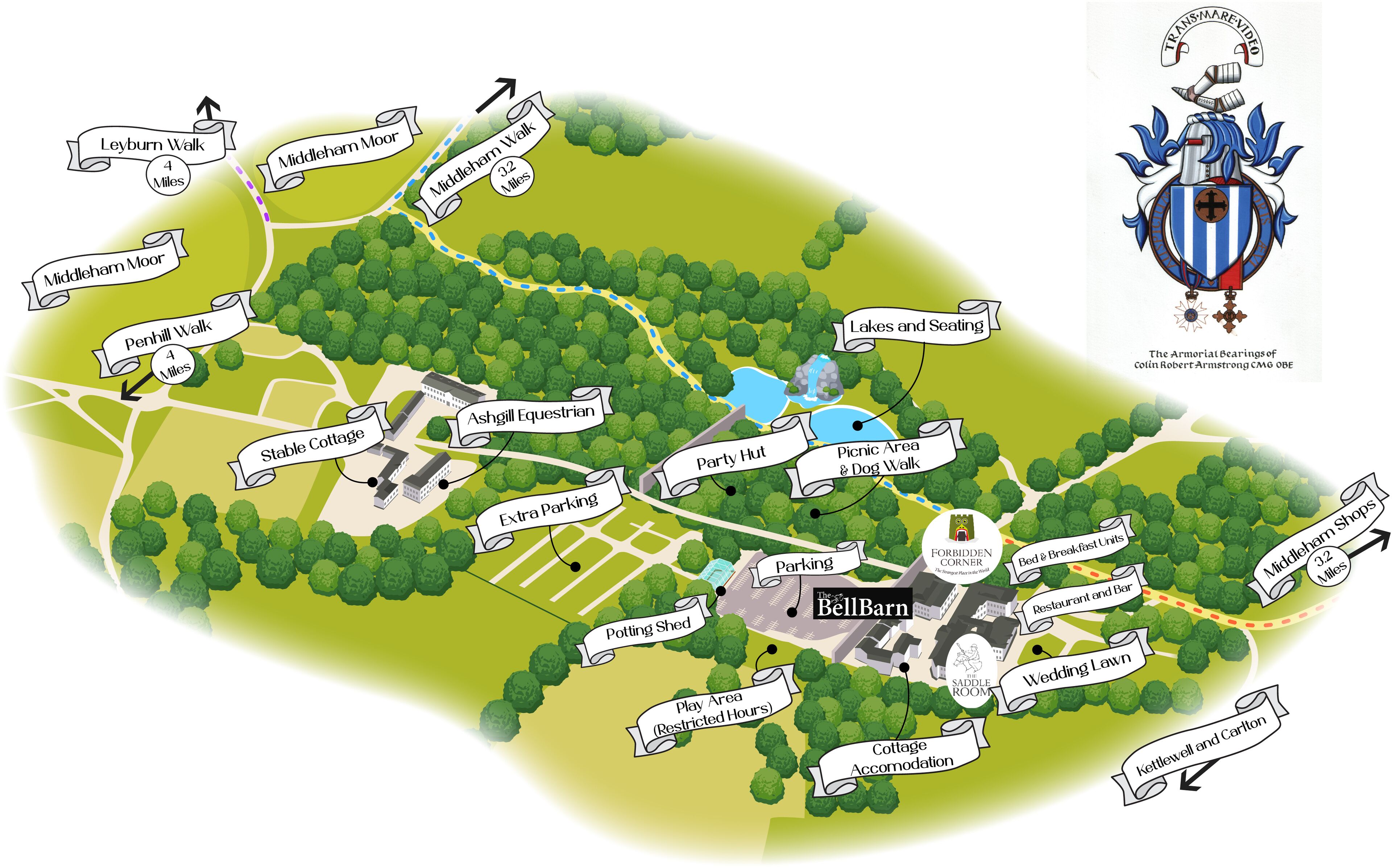 A detailed map of a park with various amenities like walking paths, a picnic area, and a wedding lawn.